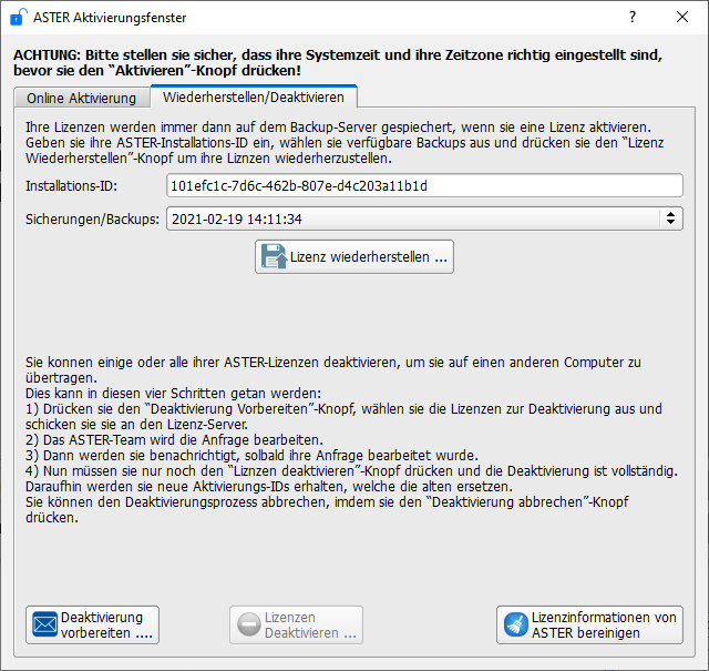 die Registerkarte “Restore / Deactivate”