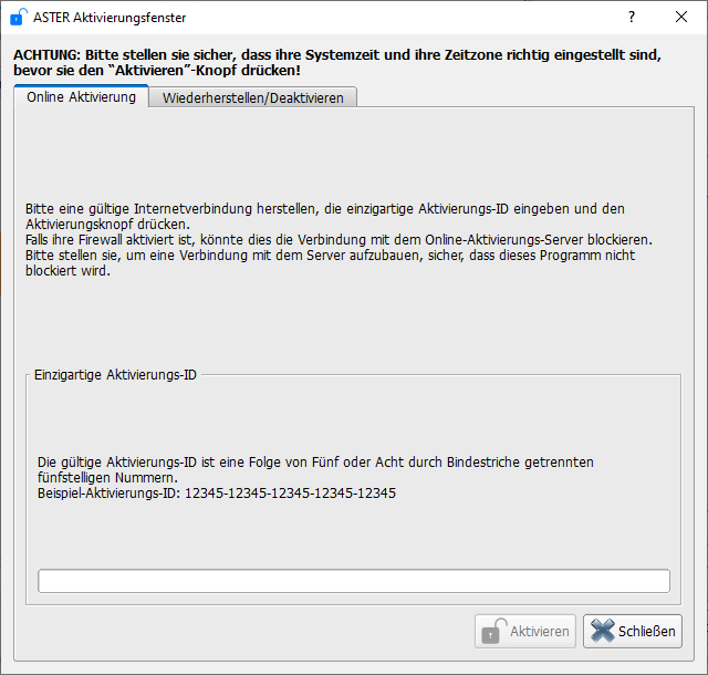 Aktivierungsdialog (Registerkarte Online-Aktivierung ist geöffnet)