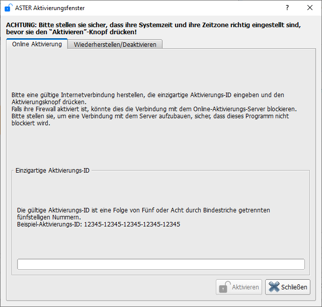 ASTER-Aktivierungsdialog
