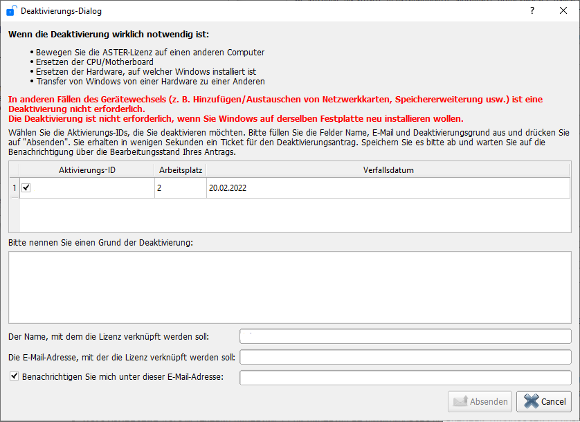 Dialog zum deaktivieren der Lizenz
