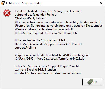 Fehler beim Senden der Anfrage an den technischen Support