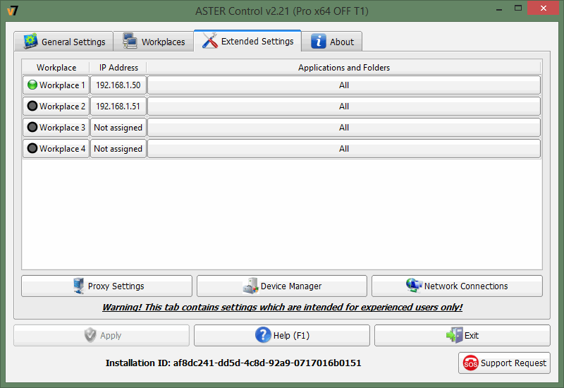 “ASTER Control Panel” -  “Extended Settings” tab  