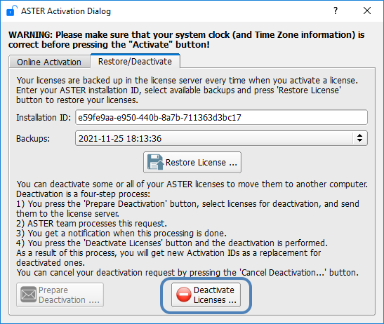 ASTER Activation Dialog
