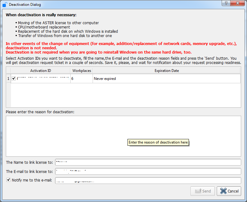 Forming of a request to deactivating licenses