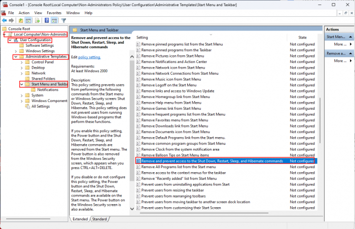 Choose “Remove and prevent access to the Shutdown, Restart, Sleep, and Hibernate commands”