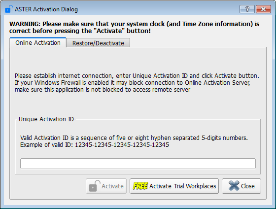 ASTER Activation Dialog with trial period
