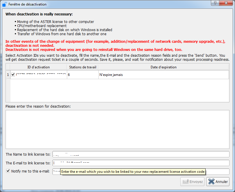 Forming of a request to deactivating licenses