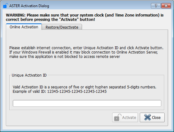 ASTER Activation Dialog