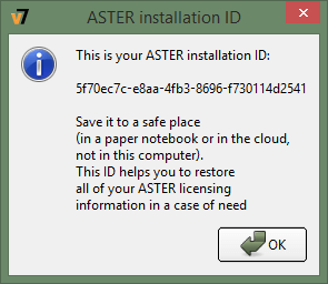 Save your ASTER installation ID 
