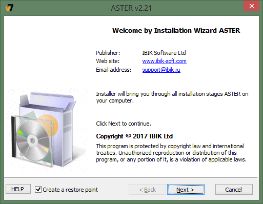 The ASTER installation wizard