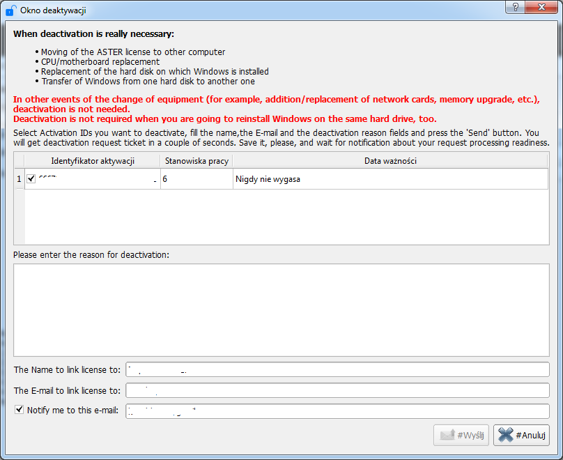 Forming of a request to deactivating licenses