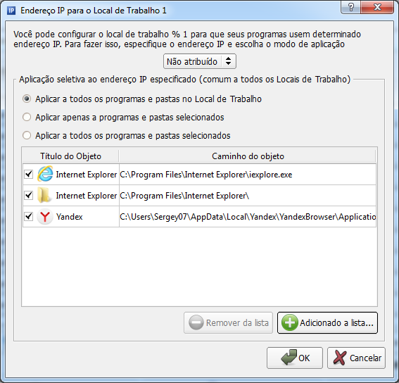 Janela "Endereço de IP para Local de Trabalho"